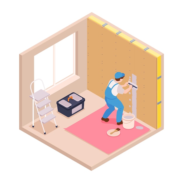 Composición de reparaciones isométricas con vista de habitación con carácter de reparador renovando paredes ilustración vectorial