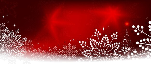 Composición roja navideña con copos de nieve blancos y silueta abstracta de árbol de Navidad