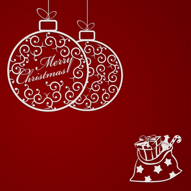 Composición roja navideña de siluetas Bolas navideñas en estilo retro y una bolsa con regalos
