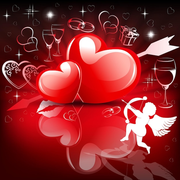 Composición rojo oscuro con flecha de dos corazones y silueta de cupido