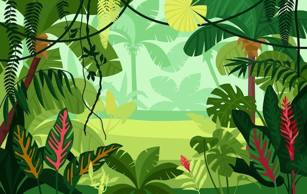 Composición de la selva coloreada grandes hojas verdes y árboles en la densa selva ilustración vectorial