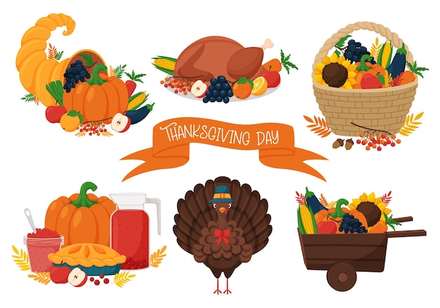 Una composición con símbolos de Acción de Gracias un plato con pavo asado una cesta con verduras y frutas un cuerno de abundancia un pavo en un sombrero Ilustración vectorial de dibujos animados aislada en un fondo blanco