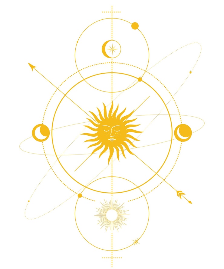 Vector composición de símbolos esotéricos ocultos alquímicos y brujos tarjetas con símbolo celestial del sol dorado