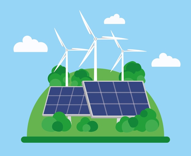 Composición sobre el tema de la energía alternativa. Aerogeneradores y paneles solares. ilustración vectorial