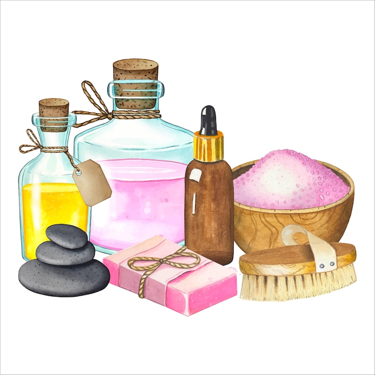 Vector composición de spa con una botella de aceite mortero con sal jabón cepillo piedras acuarela dibujada a mano ilustración de productos para el cuidado del cuerpo
