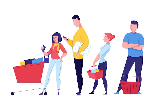 Composición de supermercado con personajes de estilo de garabato plano de clientes parados en la ilustración de vector de cola