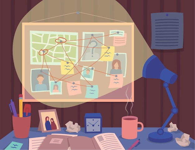 Composición del tablero de detectives de dibujos animados en color Interior Interior Concepto Vector