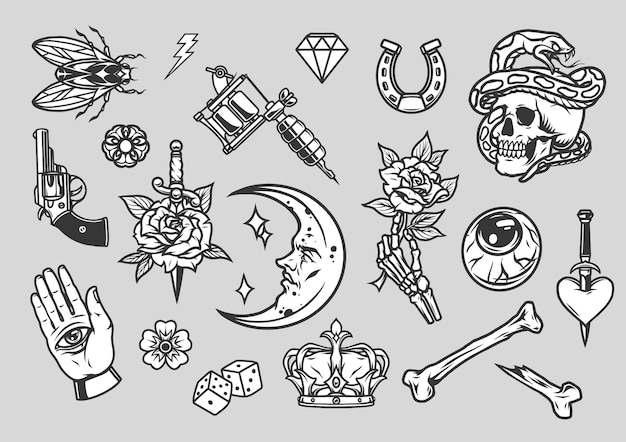 Vector composición de tatuajes vintage con diseños monocromáticos sobre fondo gris