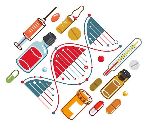 Composición de temas médicos basados en cadenas de ADN con muchas drogas y medicamentos diferentes ilustración vectorial aislada farmacia o biotecnología médica investigación científica