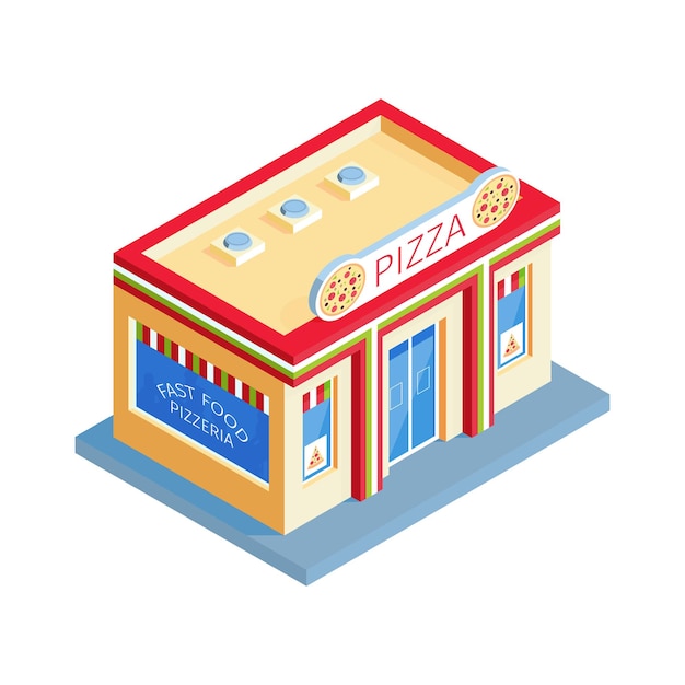 Composición de tiendas isométricas con imagen aislada del edificio de pizzería en la ilustración de vector de fondo en blanco