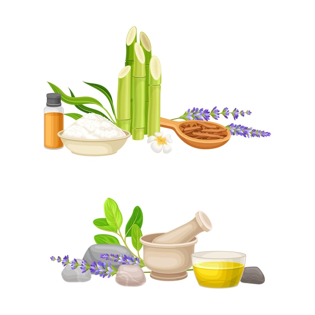 Composición de tratamiento de spa con aceite esencial de bambú y piedras para el conjunto vectorial de masaje corporal energético