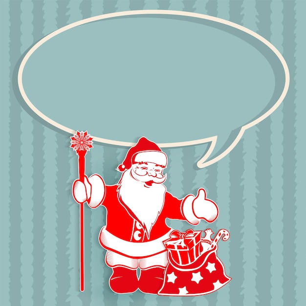 Composición turquesa navideña de un marco ovalado y Papá Noel con una bolsa de regalos