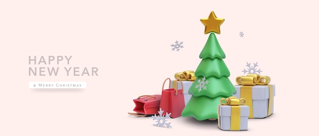 Composición de vacaciones de invierno de Navidad Fondo de Navidad colorido con regalos de árbol realistas bolsas de compras copos de nieve Feliz año nuevo Ilustración vectorial