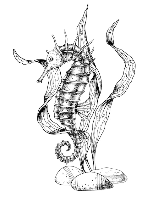 Composición vectorial con caballitos de mar y algas sobre fondo aislado Ilustración dibujada a mano de caballitos de mar pintados con tintas negras Dibujo de vida submarina en estilo de arte lineal Flora y fauna marina