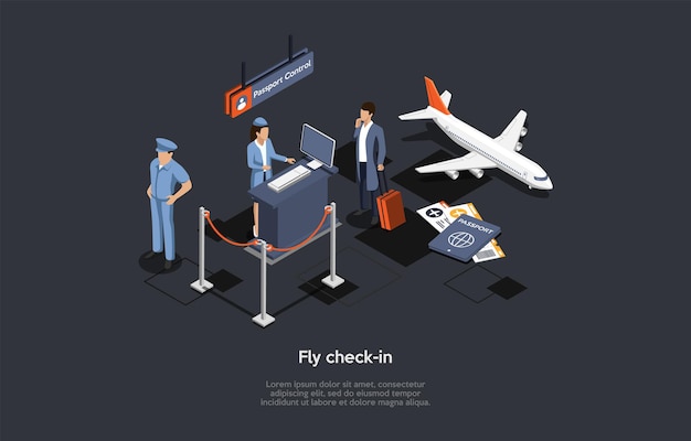Composición vectorial. Diseño isométrico, estilo de dibujos animados 3D. Vuele el check-in. Aeropuerto dentro de elementos y personajes. Tripulantes, Cliente con Equipaje, Documentos Personales, Avión, Área de Control de Pasaportes.