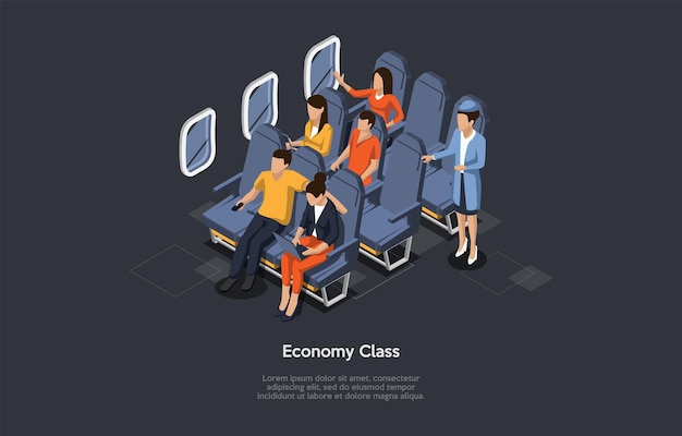 Composición vectorial. Diseño isométrico, estilo de dibujos animados 3D. Vuelo en avión en clase económica. Interior del avión, miembro de la tripulación y grupo de pasajeros sentados. Escritura Y Fondo Oscuro. Objetos de infografía.
