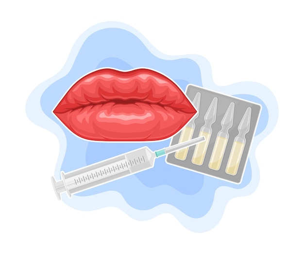 Composición vectorial del envase de labios con jeringa y ampolla de vidrio
