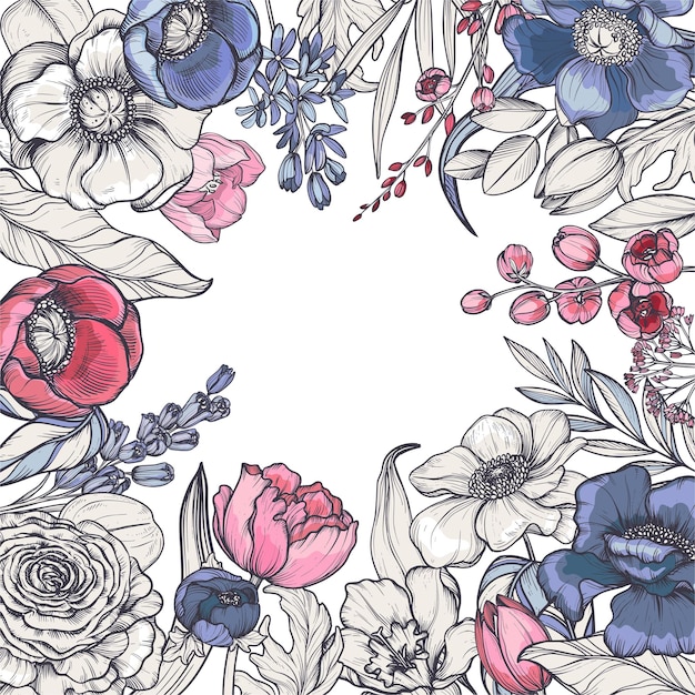 Composición vectorial de flores de primavera hojas y ramas diferentes flores tulipanes anémonas y otras plantas en un hermoso marco floral
