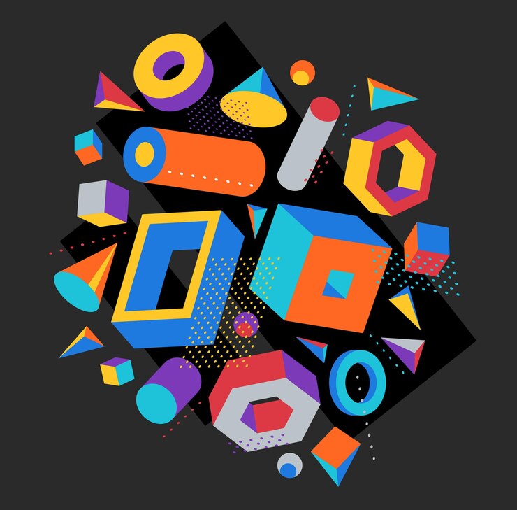 Vector composición vectorial de formas 3d coloridas sobre fondo oscuro, elementos de diseño dimensional positivo brillante, cajas y cilindros y otras formas de ilustración simple y elegante.