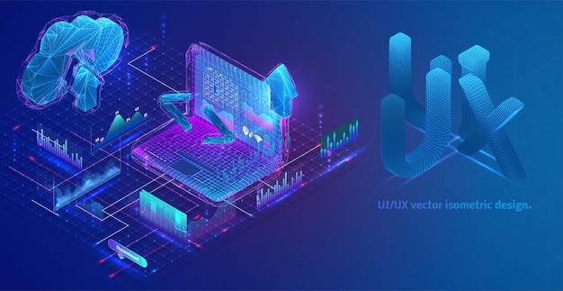 Composición vectorial isométrica con gráficos, información y recuperación de datos virtuales en una computadora portátil