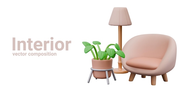 Composición vectorial linda para el diseño de interiores en línea Planta de lámpara de piso de silla cómoda en olla