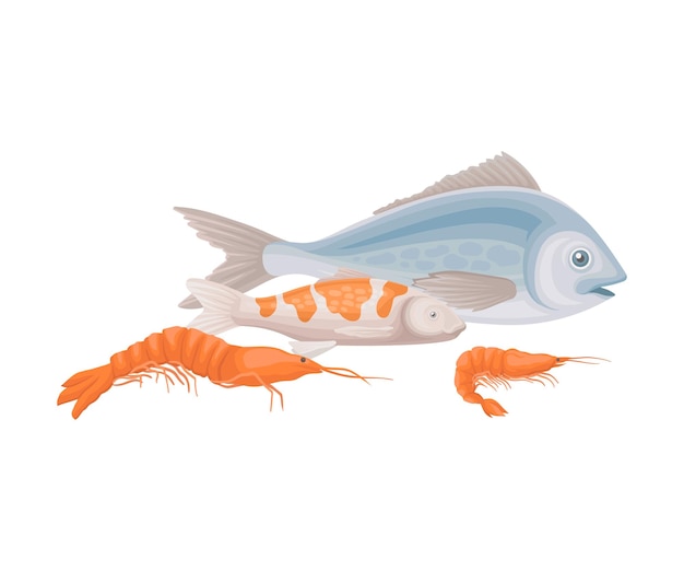 Composición vectorial de mariscos con salmón y camarones aislados en fondo blanco