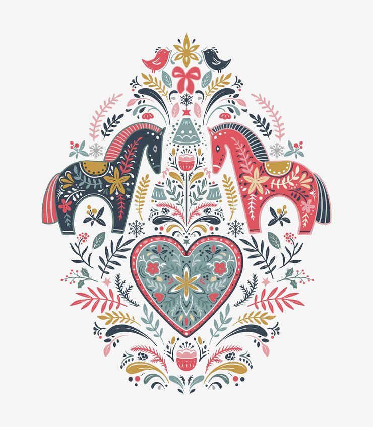 Vector composición vectorial navideña con elementos navideños dibujados a mano copos de nieve ornamento popular escandinavo