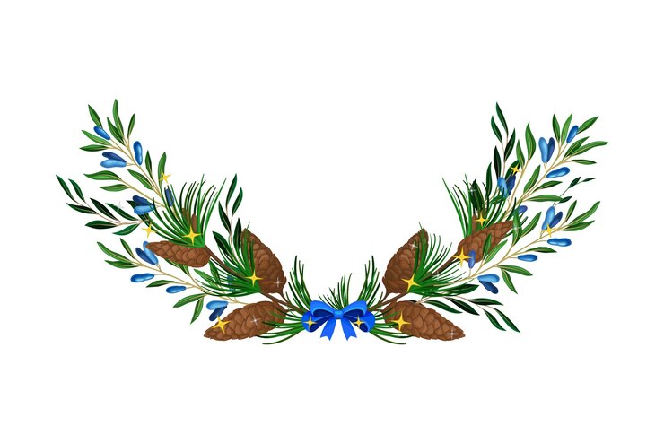 Vector composición vectorial semicircular de ramas de árboles coníferas de hoja perenne y ramas de arándano