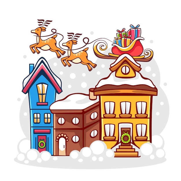 Composición vectorial sobre el tema del invierno y la Navidad con trineos de ciervos y casas cubiertas de nieve
