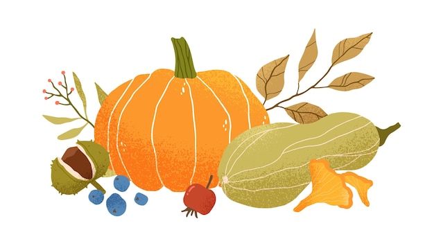 Composición vegetal de otoño con calabaza, calabaza, hojas, bayas, frutas y champiñones. Bodegón otoñal de la cosecha de la temporada de otoño. Ilustración de vector plano coloreado aislado sobre fondo blanco.