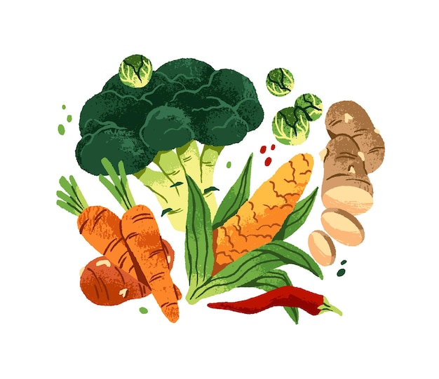 Composición de verduras frescas Alimentos de granja saludables Alimentación orgánica natural Diferentes verduras brócoli zanahoria maíz Cosecha de otoño Ilustración vectorial aislada y dibujada a mano en blanco