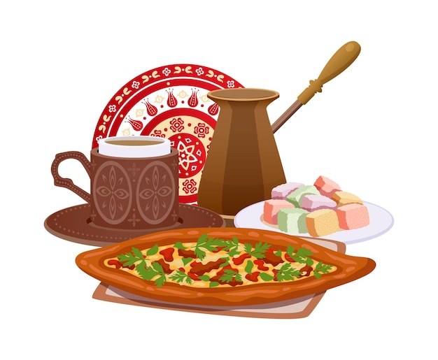 Composición de viajes de turismo de turquía de estambul con imágenes aisladas de ilustración de vector de comida turca tradicional