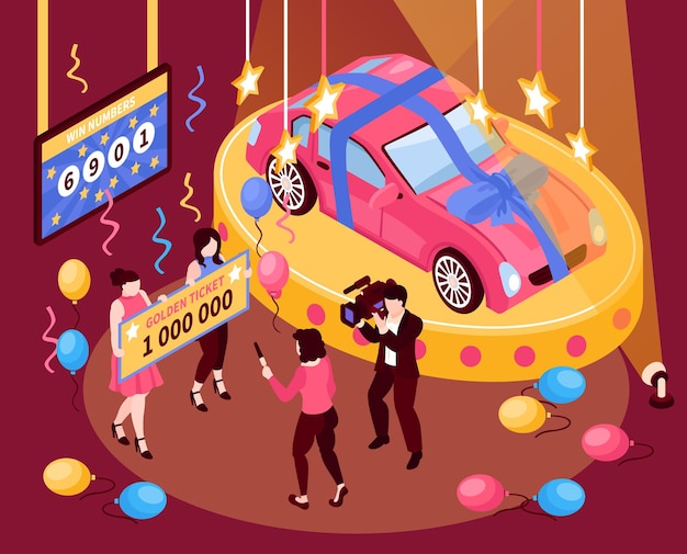 Composición de victoria de lotería de la fortuna isométrica con boleto de premio y automóvil con confeti de personas y globos de colores