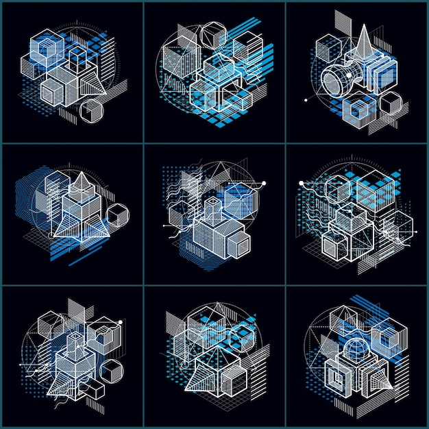 Composiciones abstractas de formas 3d, fondos isométricos vectoriales. Composiciones de cubos, hexágonos, cuadrados, rectángulos y diferentes elementos abstractos. colección de vectores.