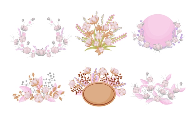 Vector composiciones de algodón con brotes y ramas en flor conjunto vectorial