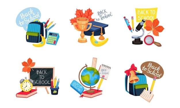 Composiciones de artículos escolares con bolsa escolar y conjunto vectorial de calculadora