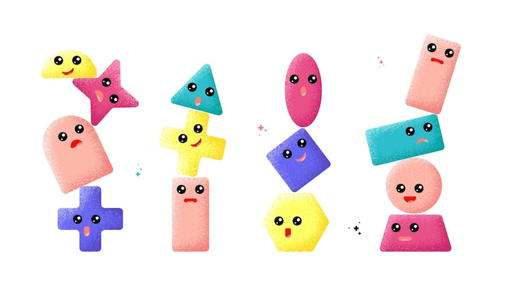 Vector composiciones de caracteres geométricos vibrantes texturas abstractas formas con caras lindas figuras aisladas de moda gráficos vectoriales educativos para niños