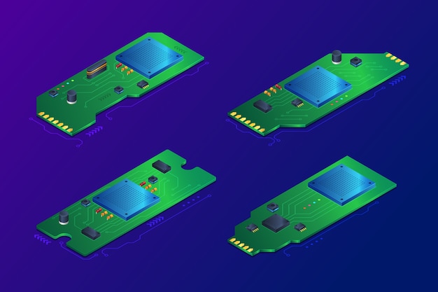 Composiciones de chips semiconductores en vista isométrica