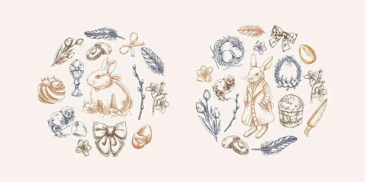 Vector composiciones de círculos de pascua dibujadas a mano con conejitos, huevos, flores y elementos festivos