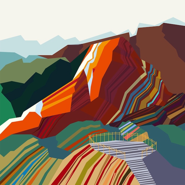 Vector composiciones coloridas montañas diferentes formas y paisajes ilustración vectorial de montañas para el logotipo con cimas de arpa barrancos y pendientes empinadas en estilo de dibujos animados