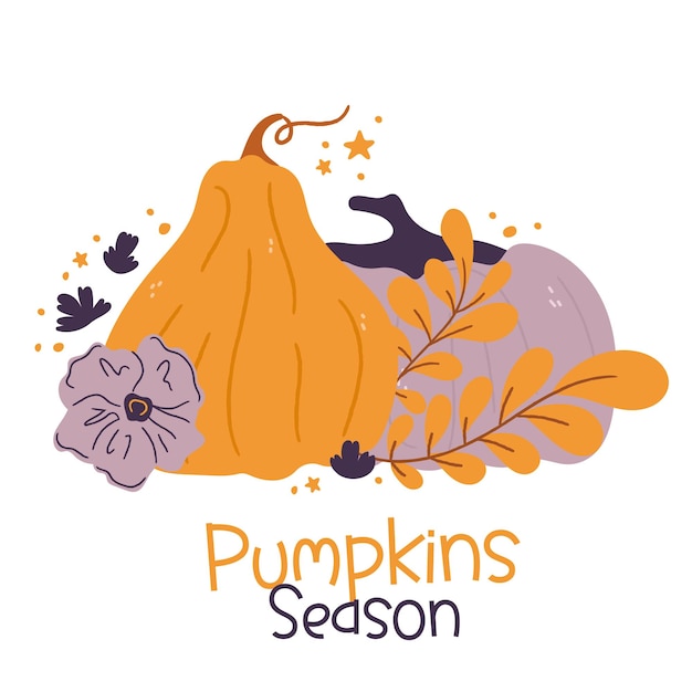Composiciones de dibujos animados de calabazas con hojas y flores Composición vectorial aislada de calabaza para la cosecha agrícola de otoño Diseños de Acción de Gracias o Halloween