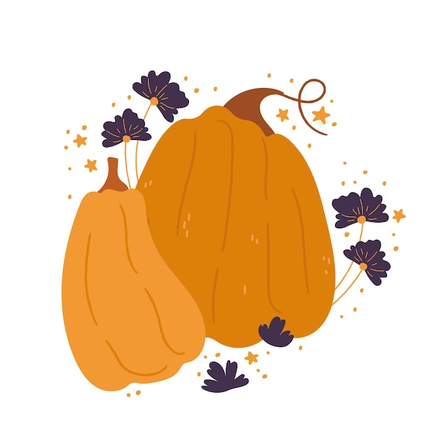 Composiciones de dibujos animados de calabazas con hojas y flores Composición vectorial aislada de calabaza para la cosecha agrícola de otoño Diseños de Acción de Gracias o Halloween