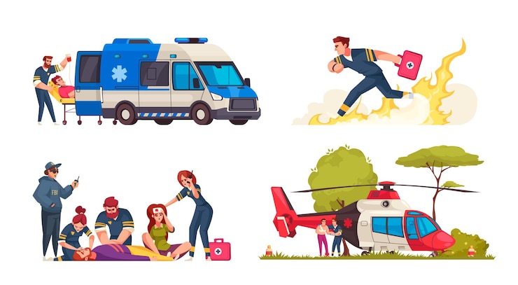 Composiciones de dibujos animados de emergencia con profesionales de emergencia del hospital ilustración vectorial aislada