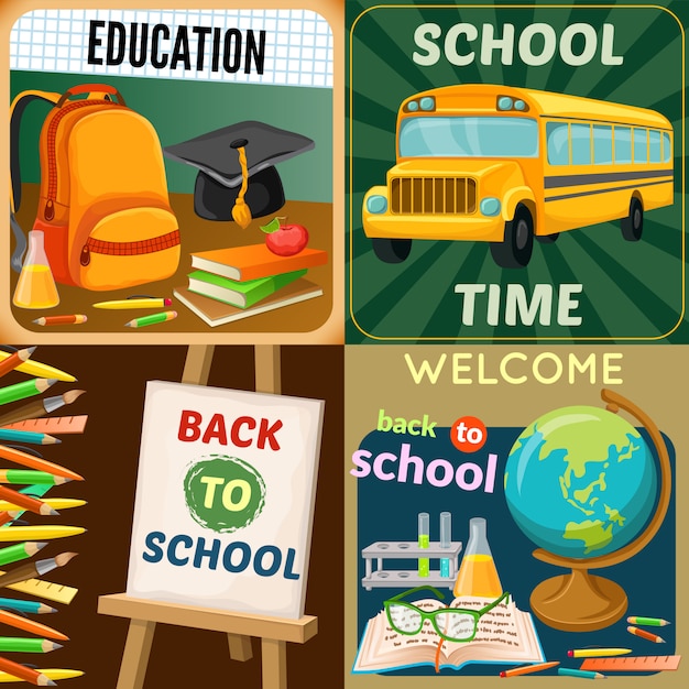 Composiciones de educación escolar con suministros de arte disciplinas académicas de autobús amarillo mochila libros de texto y papelería ilustración vectorial aislado