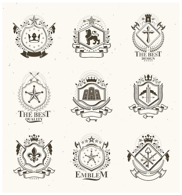 Composiciones de emblemas decorativos antiguos, vectores heráldicos. Elegante colección de ilustraciones simbólicas de alta calidad, conjunto de vectores.