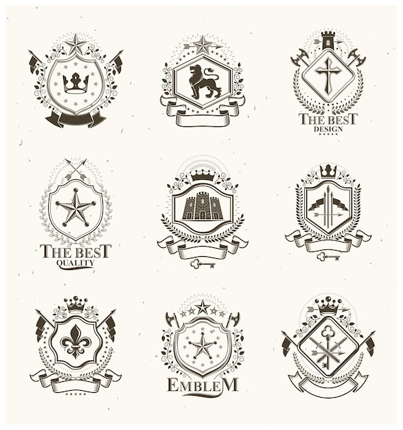 Composiciones de emblemas decorativos antiguos, vectores heráldicos. elegante colección de ilustraciones simbólicas de alta calidad, conjunto de vectores.