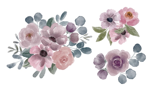 Composiciones florales de acuarela pintadas a mano.