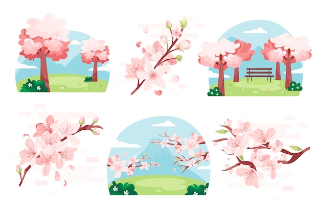 Composiciones de flores de sakura en diseño plano