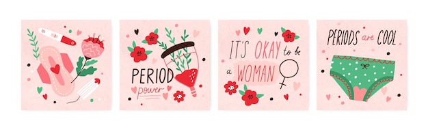 Composiciones de letras sobre la menstruación. Conjunto de tarjetas con citas sobre el período femenino con sangre menstrual, bragas, toallas sanitarias, tampones, vasos reutilizables y flores. Ilustraciones vectoriales planas coloreadas