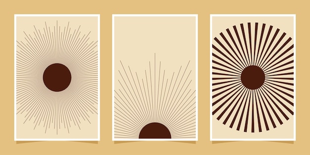 Composiciones minimalistas abstractas decoración de paredes de estilo de mediados de siglo con círculos y líneas de arco en marrón oscuro